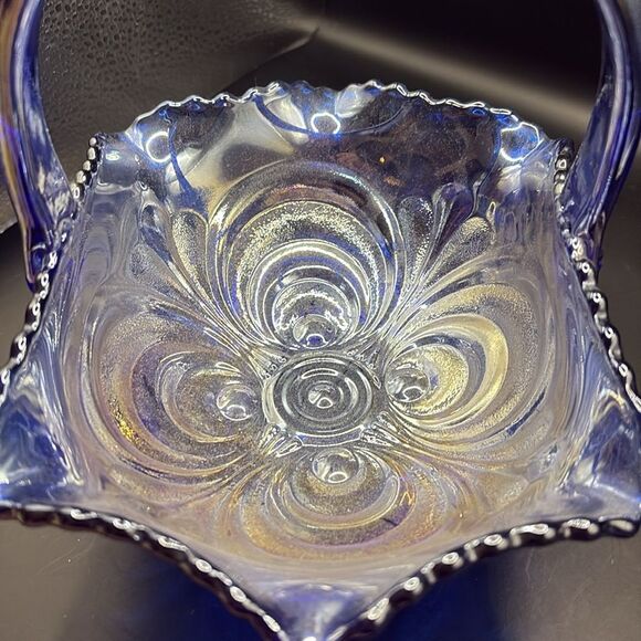 L. E. Smith Glass Co. - Revival Cobalt Blue Carnival Scroll Basket - Picture 3 of 7